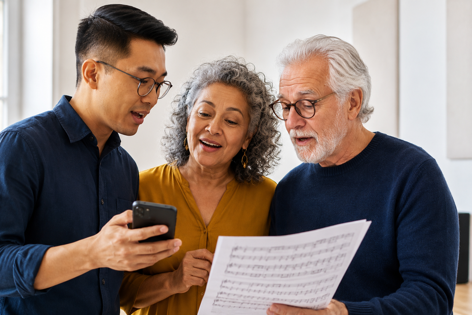 Choir members using Zamvo together during rehearsal